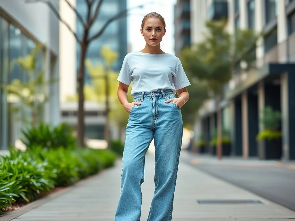 Kobieta w jasnych jeansach balloon i białym T-shircie na miejskim chodniku, przykład stylizacji tego fasonu spodni.