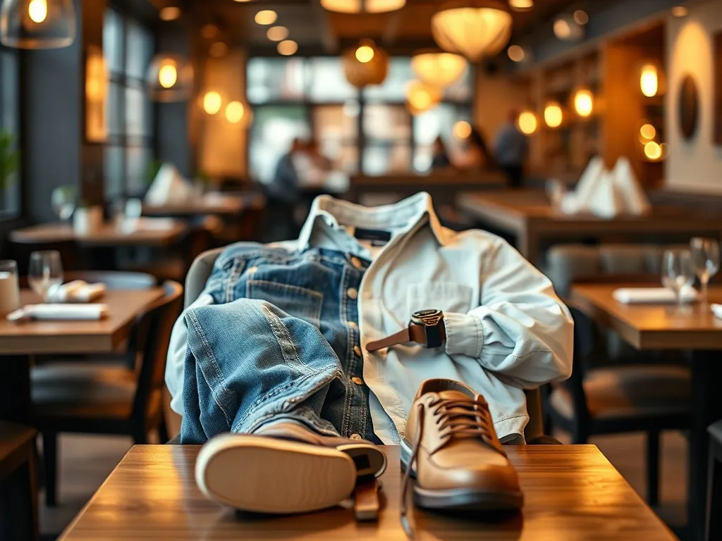 Casualowa stylizacja do restauracji: jeansy, koszula, eleganckie buty i zegarek w przytulnym, wieczornym wnętrzu.