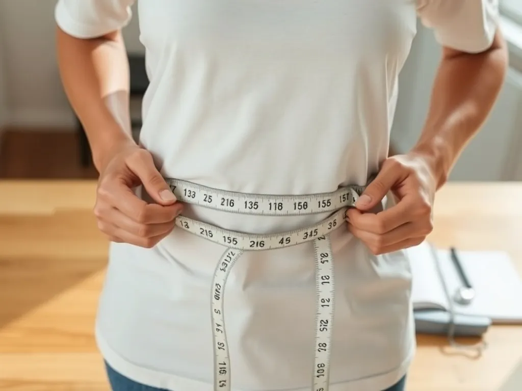 Miarka krawiecka owinięta wokół talii, w tle waga łazienkowa i dziennik fitness jako symbol kontroli tkanki tłuszczowej.