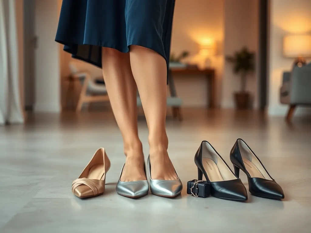 Kobieta w granatowej sukience wybiera eleganckie buty w kolorze nude, srebrnym lub czarnym, dopasowując je do stylizacji.