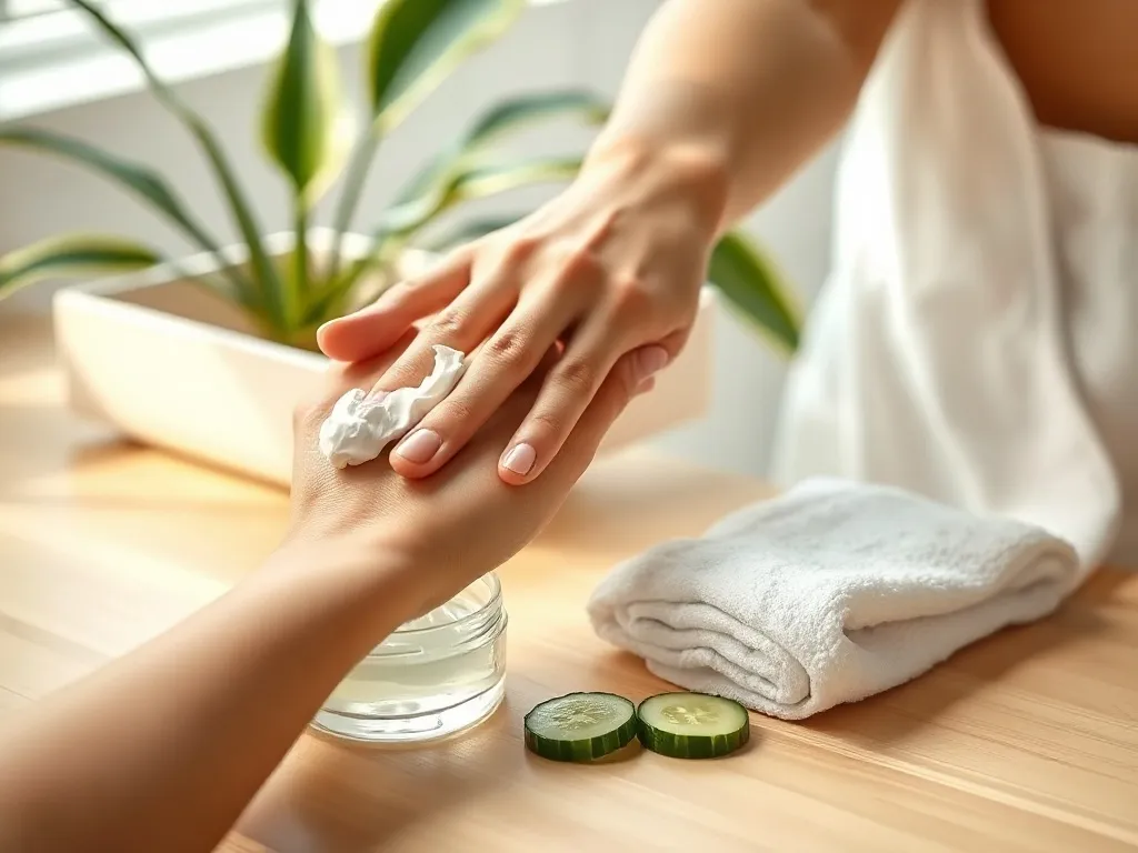 Kobieta nakłada naturalny krem na dłonie, obok domowe składniki nawilżające skórę: aloes, ogórek i ręcznik.