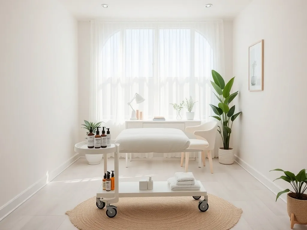 Jasny mały salon kosmetyczny w minimalistycznym stylu, z łóżkiem zabiegowym, wózkiem, biurkiem i roślinami w przytulnej aranżacji.