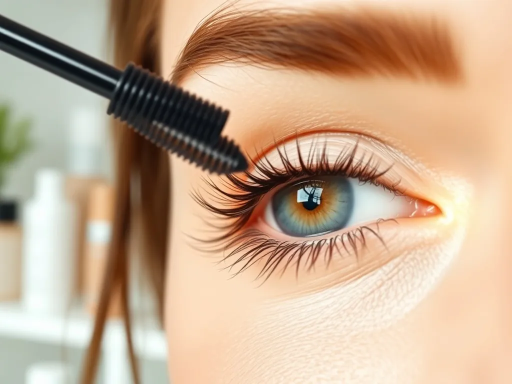 Zbliżenie oka z podkręconymi rzęsami, do których z boku zbliża się tusz, w jasnym, minimalistycznym salonie beauty.