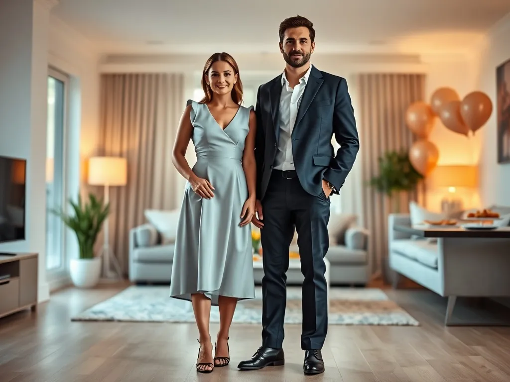 Elegancko ubrana para na 30 urodzinach w przytulnym salonie z balonami i przekąskami, swobodny ale stylowy klimat.