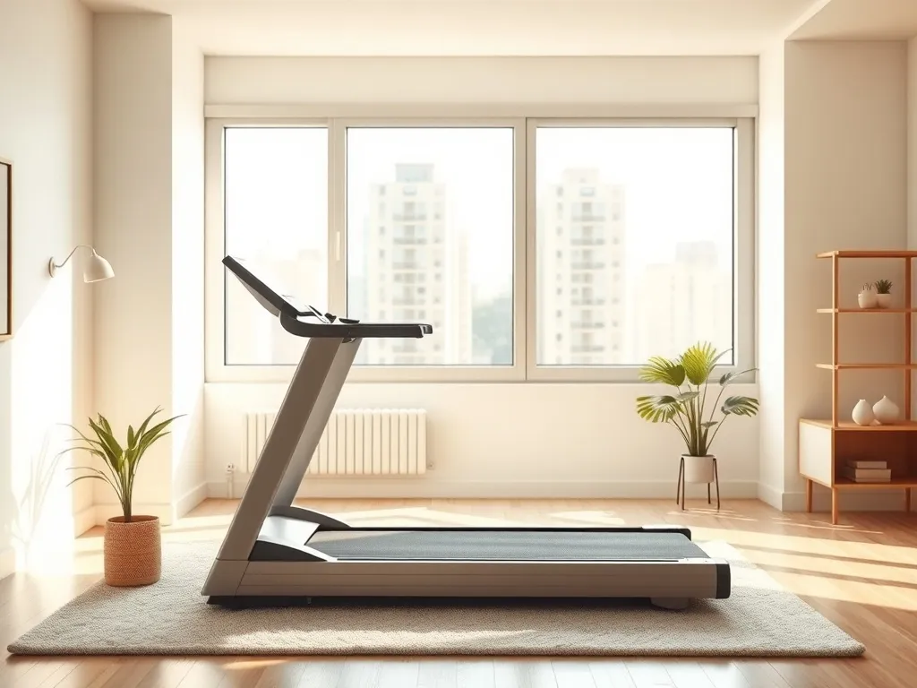 Cicha bieżnia w nowoczesnym, jasnym salonie w bloku, pokazująca, jak wkomponować sprzęt fitness w przytulne mieszkanie.