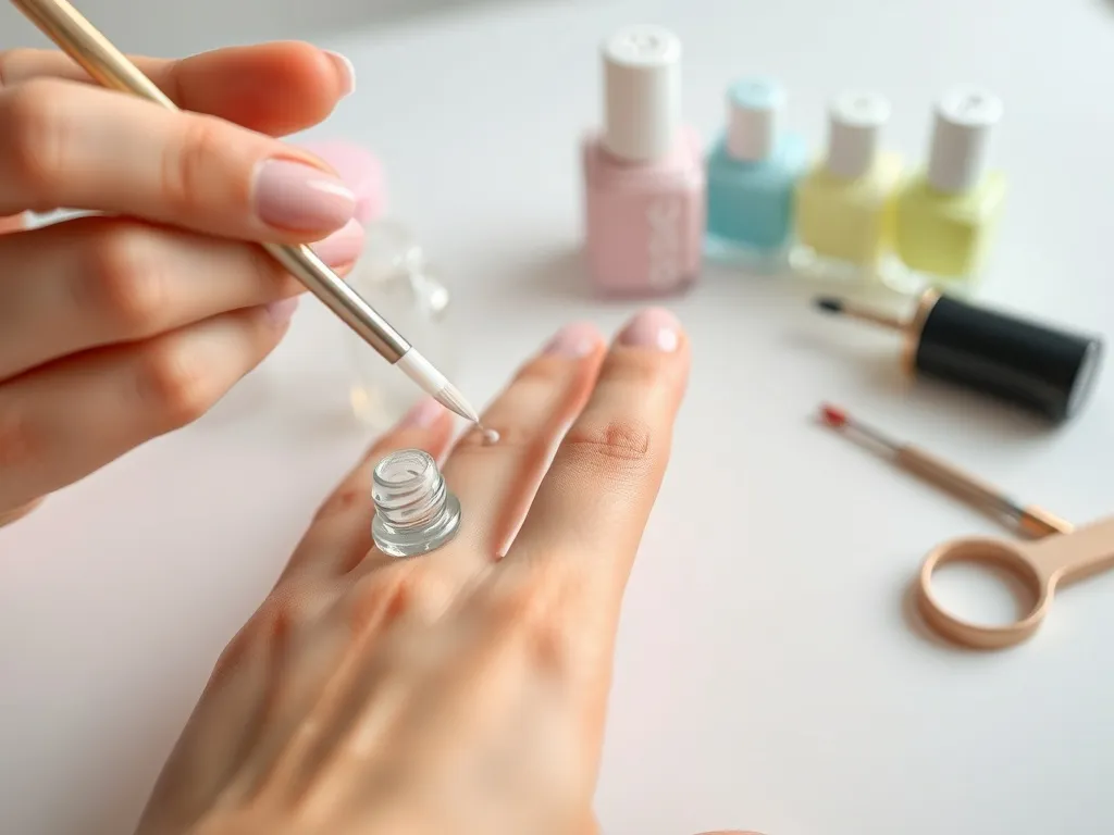 Dłoń kobiety z naturalnymi paznokciami, na które nakładany jest cienki płynny bonder przed manicure.