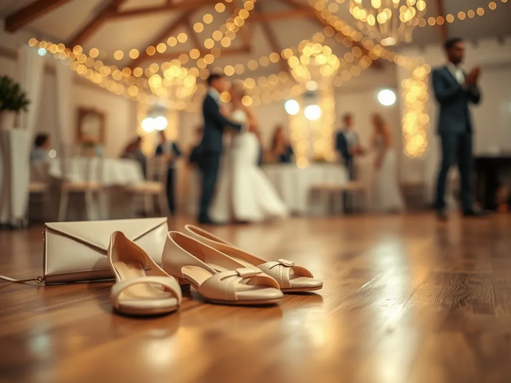 Eleganckie beżowe baleriny i sandałki na niskim obcasie jako wygodne buty na przebranie podczas weselnej zabawy