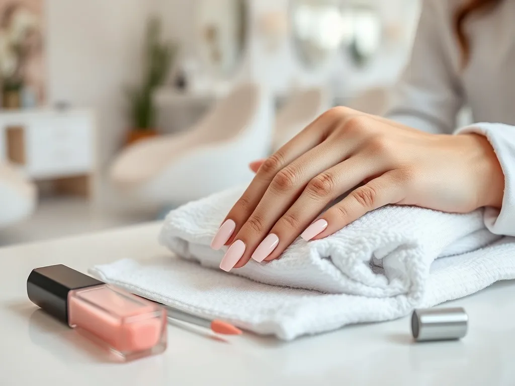 Dłonie z pastelowym manicure hybrydowym na białym ręczniku, obok narzędzia i lakier w jasnym, nowoczesnym salonie.
