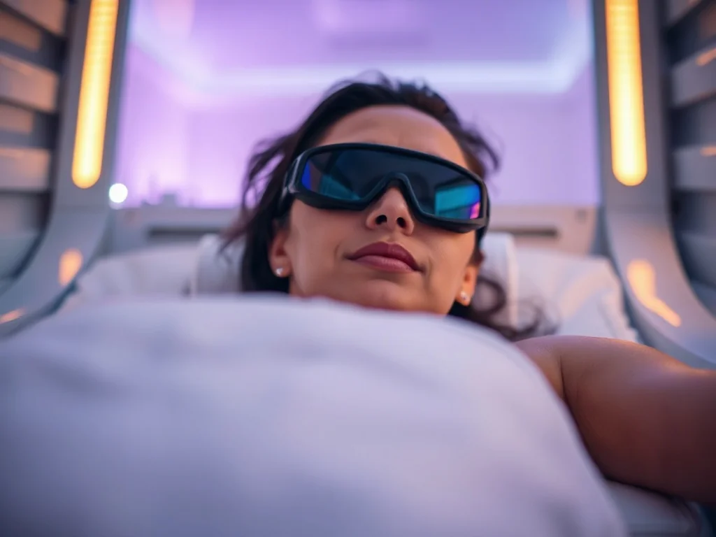 Kobieta relaksuje się w nowoczesnym solarium, w okularach ochronnych, delikatnie opalana w jasnym, przyjemnym świetle.
