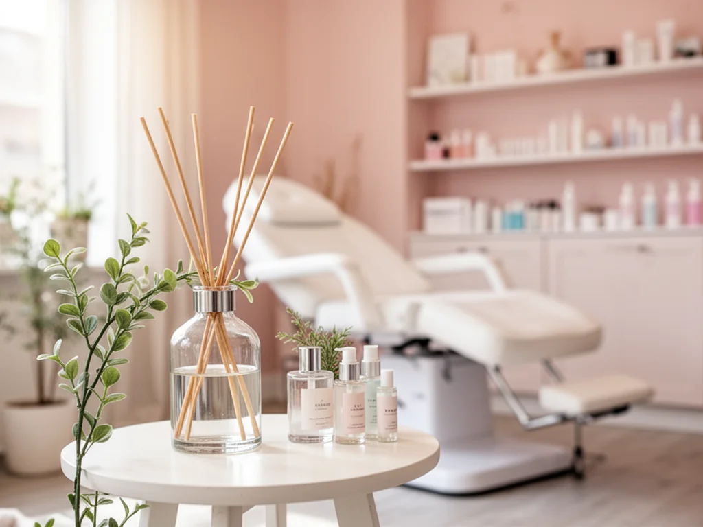 Elegancki dyfuzor zapachowy na stoliku w jasnym salonie kosmetycznym, podkreślający czystość i relaksującą atmosferę.