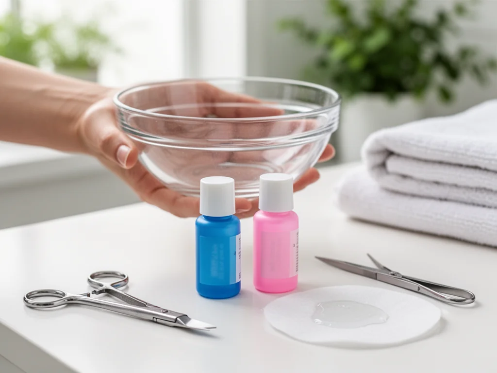 Dłoń kobiety z miską i dwoma buteleczkami kosmetycznymi obok akcesoriów do manicure, ilustrująca różne rodzaje zmywaczy
