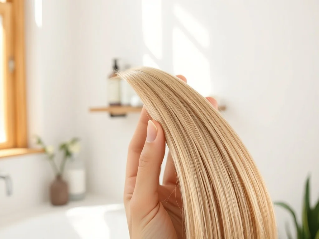 Zdrowe, lśniące blond włosy w zbliżeniu, podkreślające efekt bezpiecznego rozjaśniania i odpowiedniej pielęgnacji.