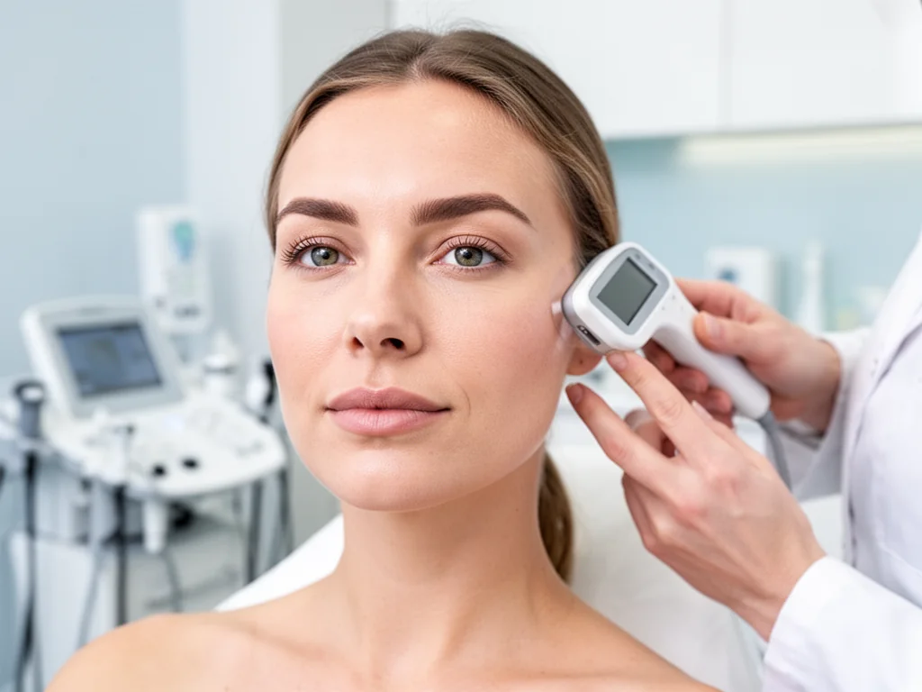 Kobieta w gabinecie dermatologicznym podczas komputerowego badania skóry twarzy przy użyciu specjalistycznego urządzenia.
