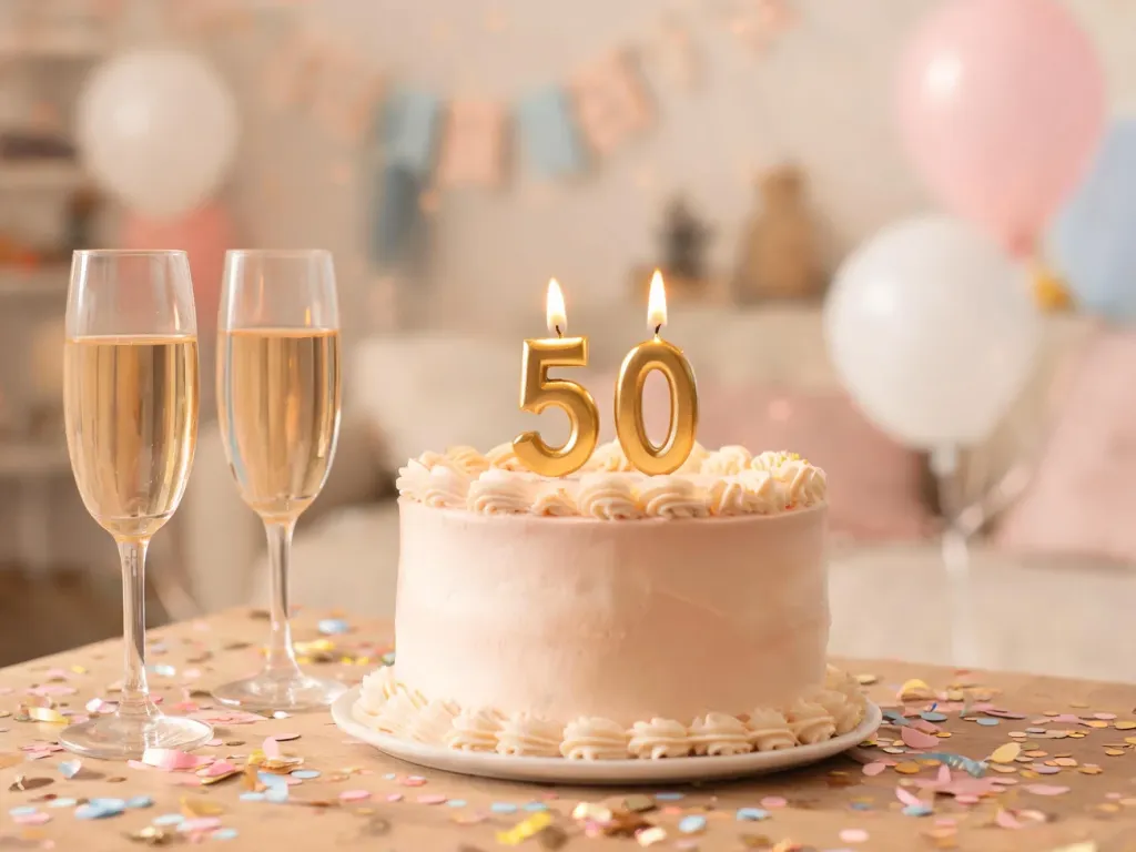 Elegancki tort z świeczkami w kształcie liczby 50, kieliszki szampana i konfetti w ciepłej, urodzinowej aranżacji.