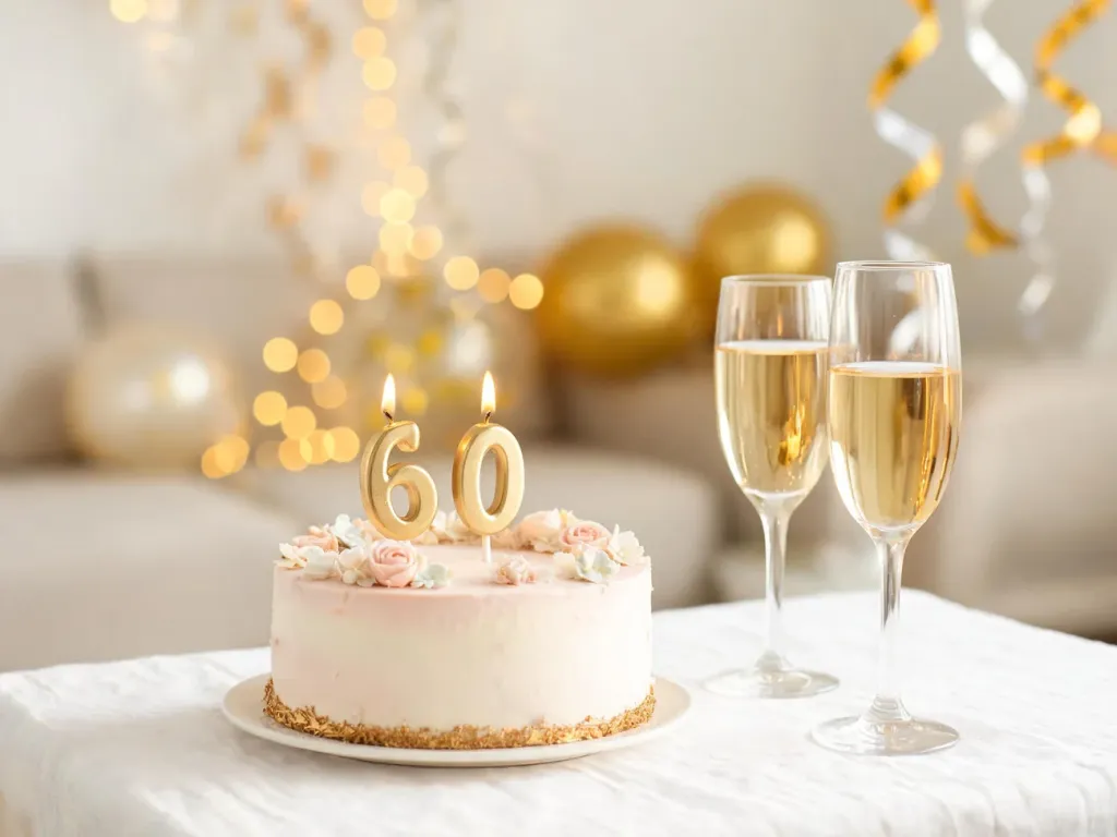 Elegancki tort na 60. urodziny z świeczkami, kieliszki szampana i ciepłe, złote dekoracje tworzące radosny nastrój.