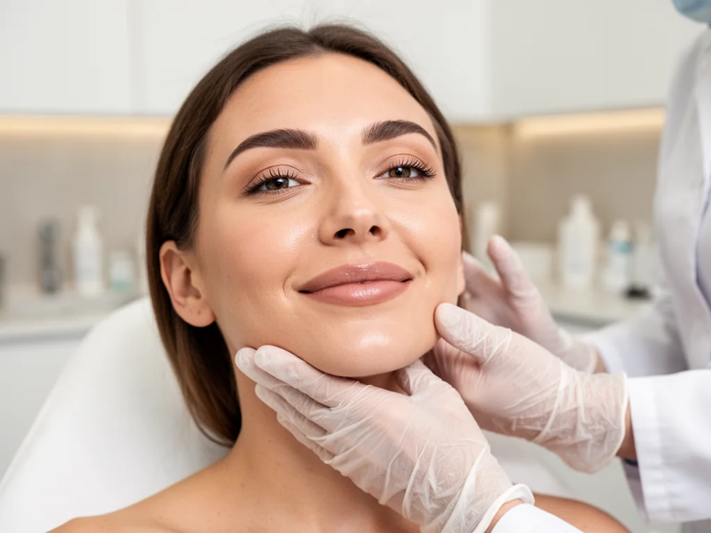 Kobieta podczas zabiegu full face w nowoczesnej klinice medycyny estetycznej, lekarz w rękawiczkach ocenia efekt.