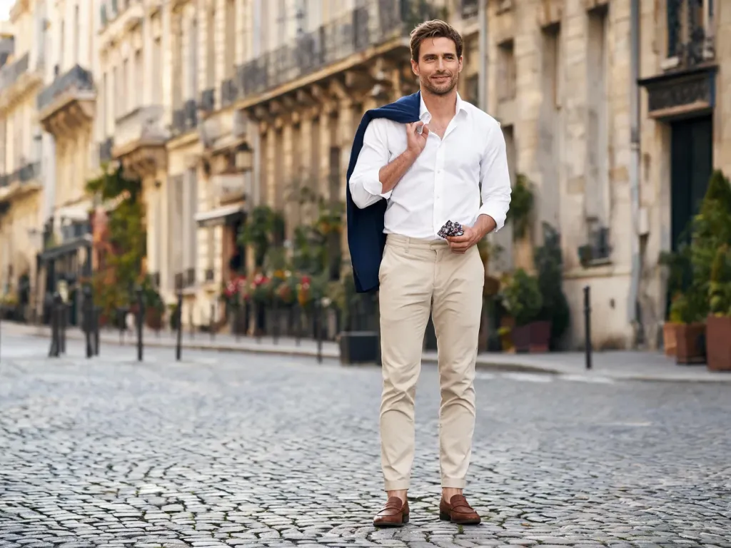 Elegancko ubrany mężczyzna w smart casual na wesele, w beżowych chinosach i białej koszuli, spaceruje po romantycznej, miejskiej ulicy.