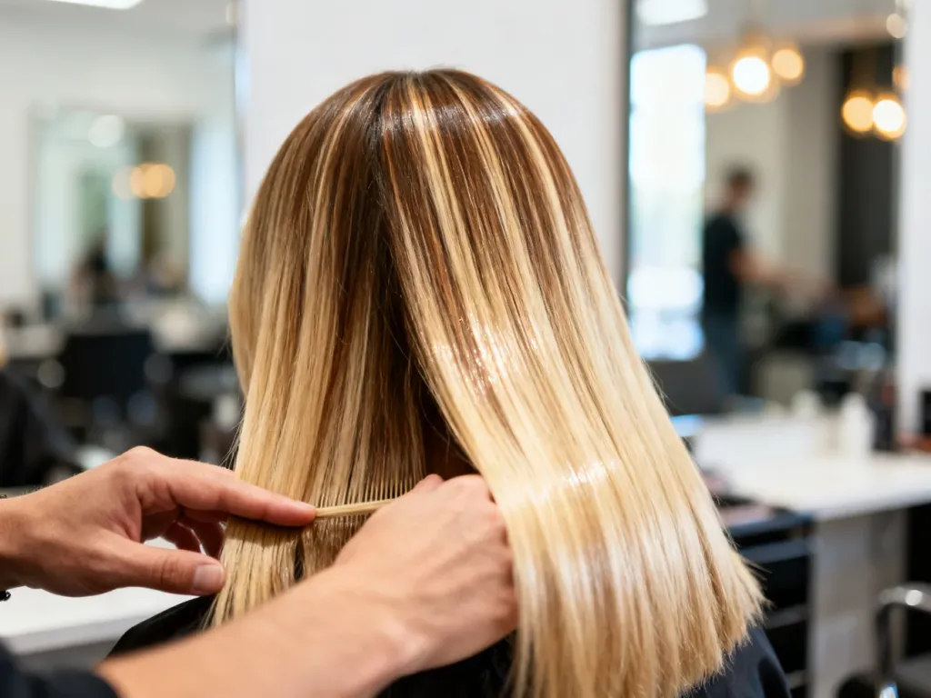 Delikatne pasemka blond i jasny brąz na gładkich, lśniących włosach kobiety w salonie fryzjerskim, stylistka przeczesa kosmyki.