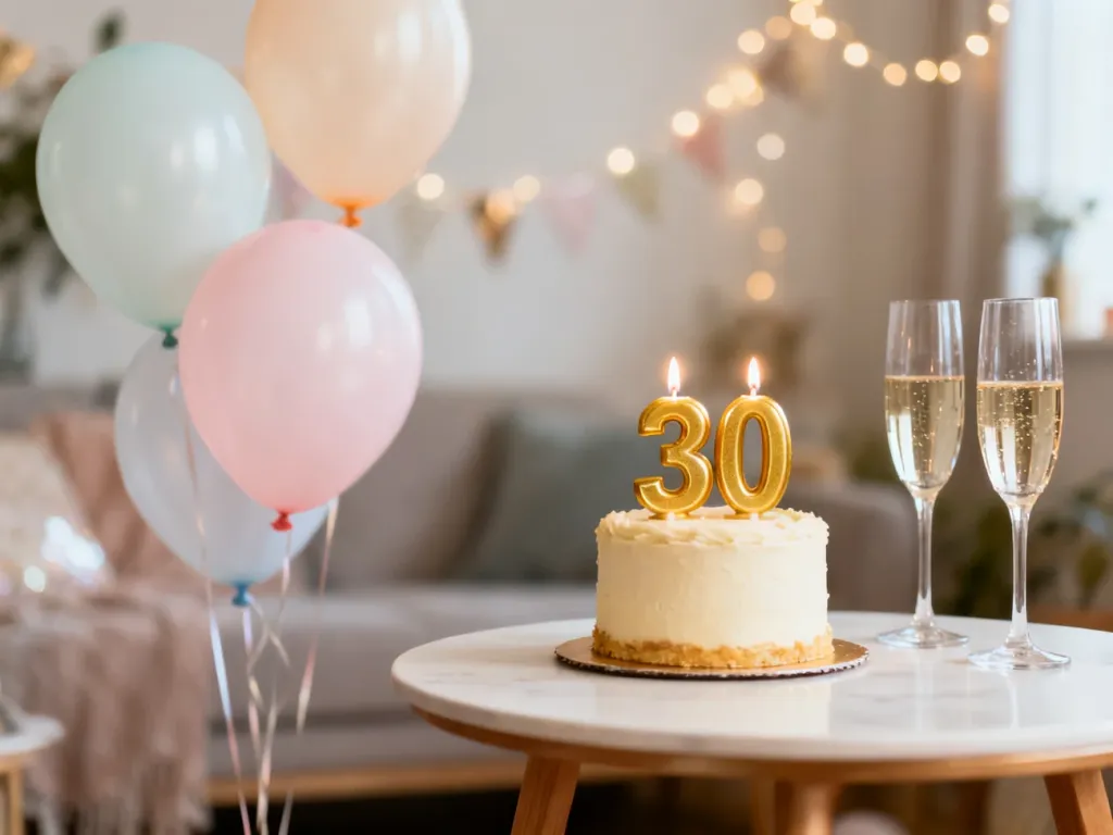 Stół urodzinowy z tortem i złotą świeczką „30”, kieliszkami szampana i balonami w ciepłej, świątecznej aranżacji.