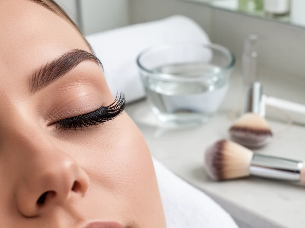 Zadbane przedłużone rzęsy przy zamkniętym oku kobiety w jasnej, spa‑like łazience, podkreślające efekt prawidłowej pielęgnacji