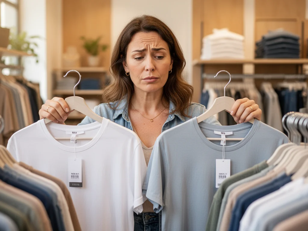Kobieta w sklepie porównuje dwa podobne T-shirty na wieszakach, zastanawiając się nad różnicą w rozmiarach.
