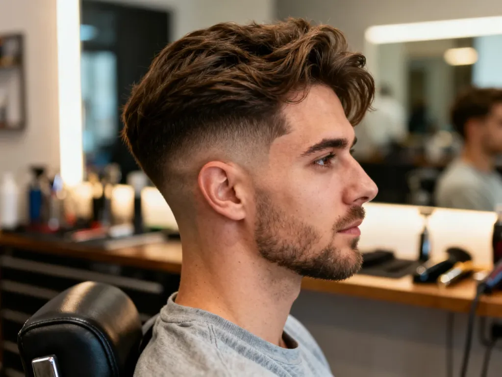 Mężczyzna w nowoczesnym barbershopie prezentuje świeże cięcie blowout taper z wycieniowanymi bokami i pełną objętością góry.