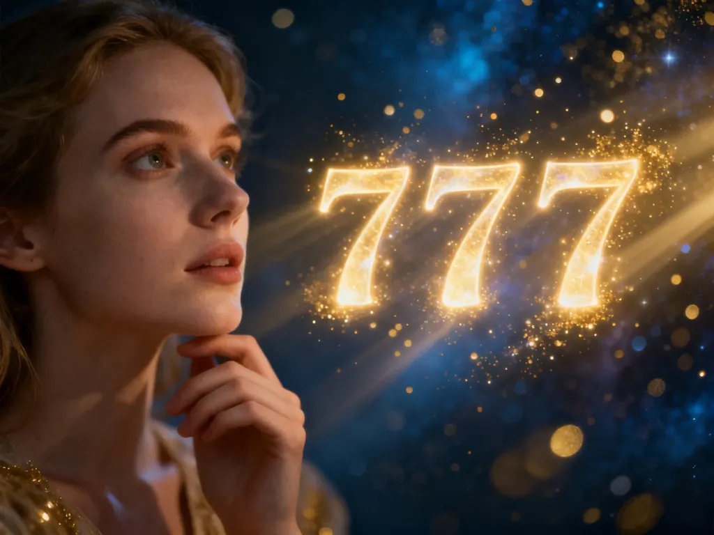 Kobieta wpatrzona w mistyczną, świecącą liczbę 777 otoczoną złotymi drobinkami na tle kosmicznej mgławicy.
