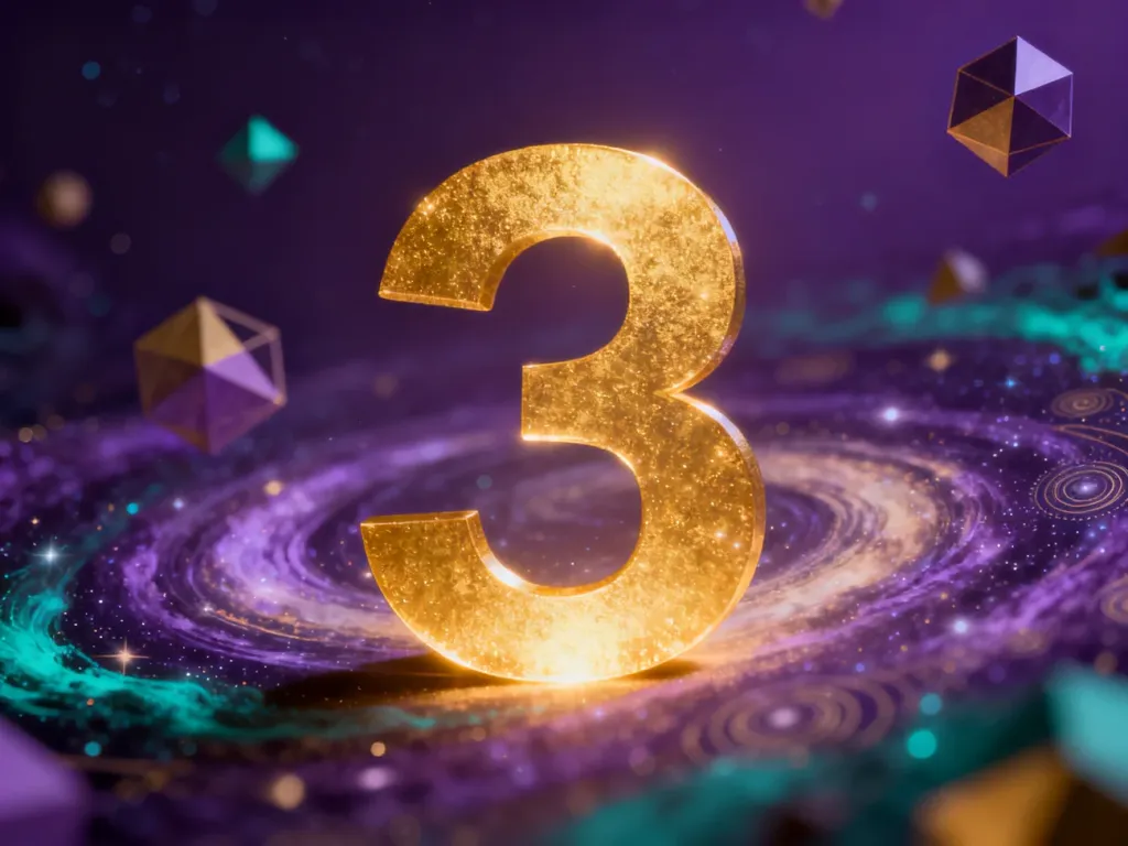 Artystyczna wizualizacja złotej cyfry trzy na tle kosmicznych wzorów, symbolizująca kreatywność i energię numerologiczną.