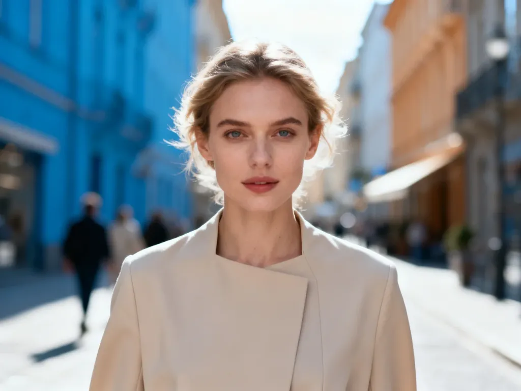 Stylowa kobieta w minimalistycznym stroju spacerująca po mieście, prezentująca nowoczesny i elegancki styl marki Mexx.