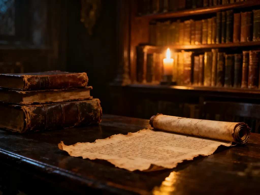 Stary pergamin na drewnianym stole w klimatycznej bibliotece, budujący tajemniczy nastrój związany z historią symboli.
