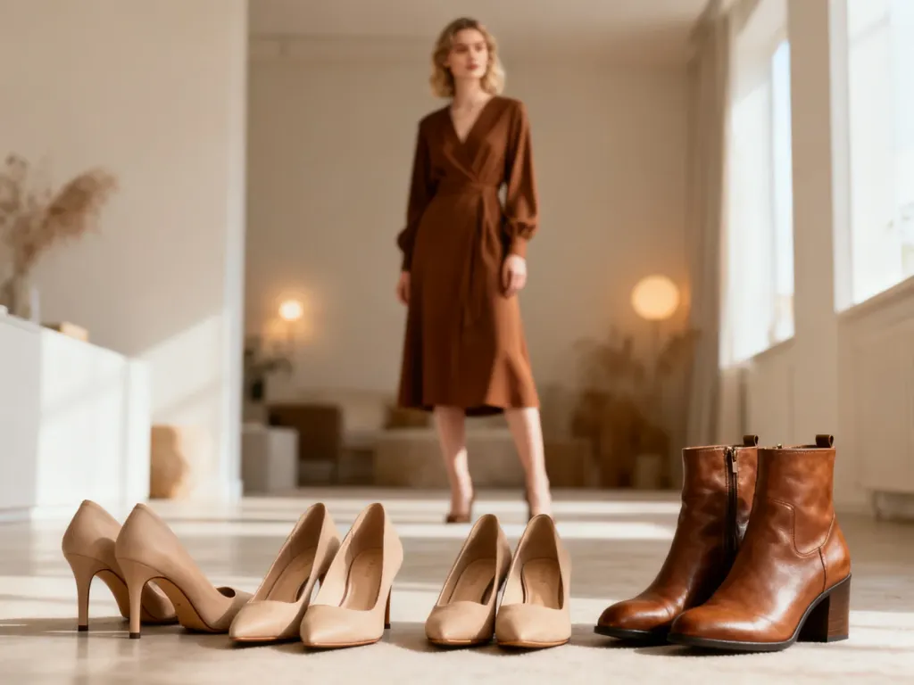 Elegancka kobieta w brązowej sukience otoczona różnymi modelami butów, prezentująca propozycje obuwia do stylizacji.