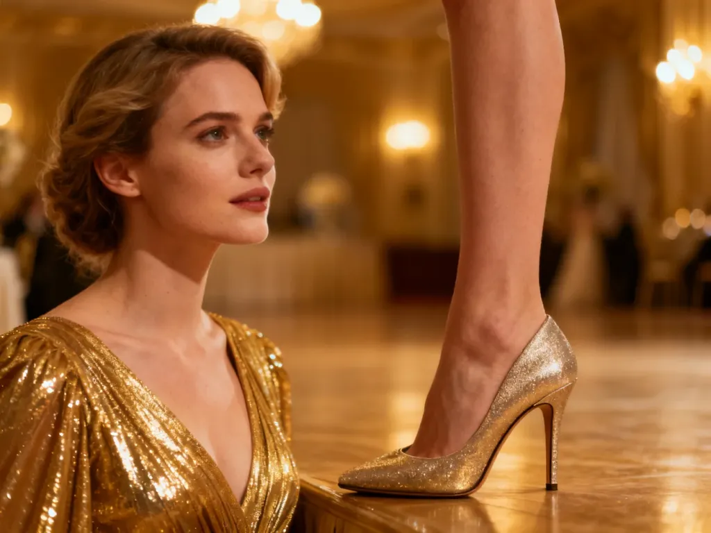 Eleganckie buty na wysokim obcasie dopełniające złotą sukienkę wieczorową w luksusowej scenerii sali balowej.