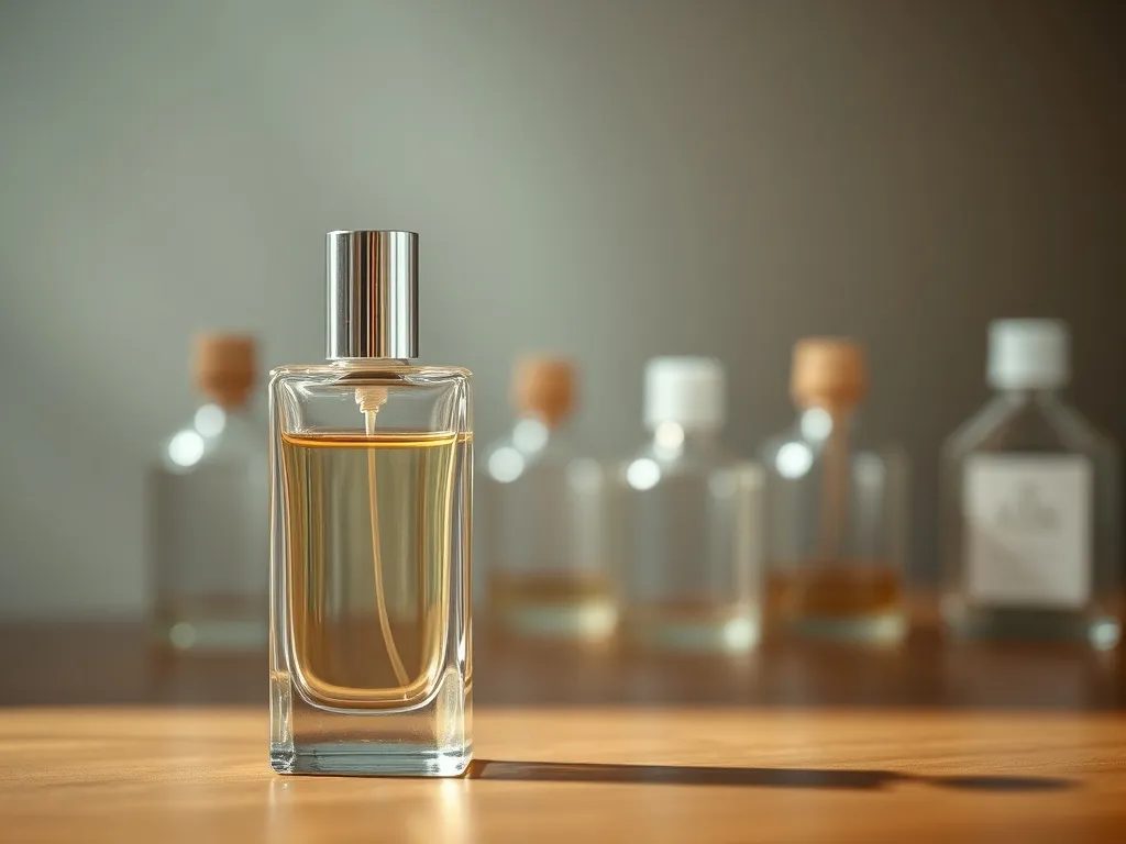 Elegancki flakon perfum na drewnianej powierzchni, w tle rozmyte butelki; minimalistyczna, ciepła, przytulna sceneria.