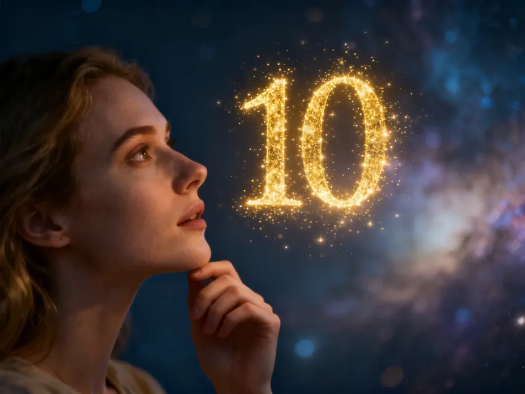 Kobieta zamyślona nad mistyczną, złotą liczbą 10 unoszącą się na tle gwiezdnej mgławicy. Symbolika numerologicznej dziesiątki.