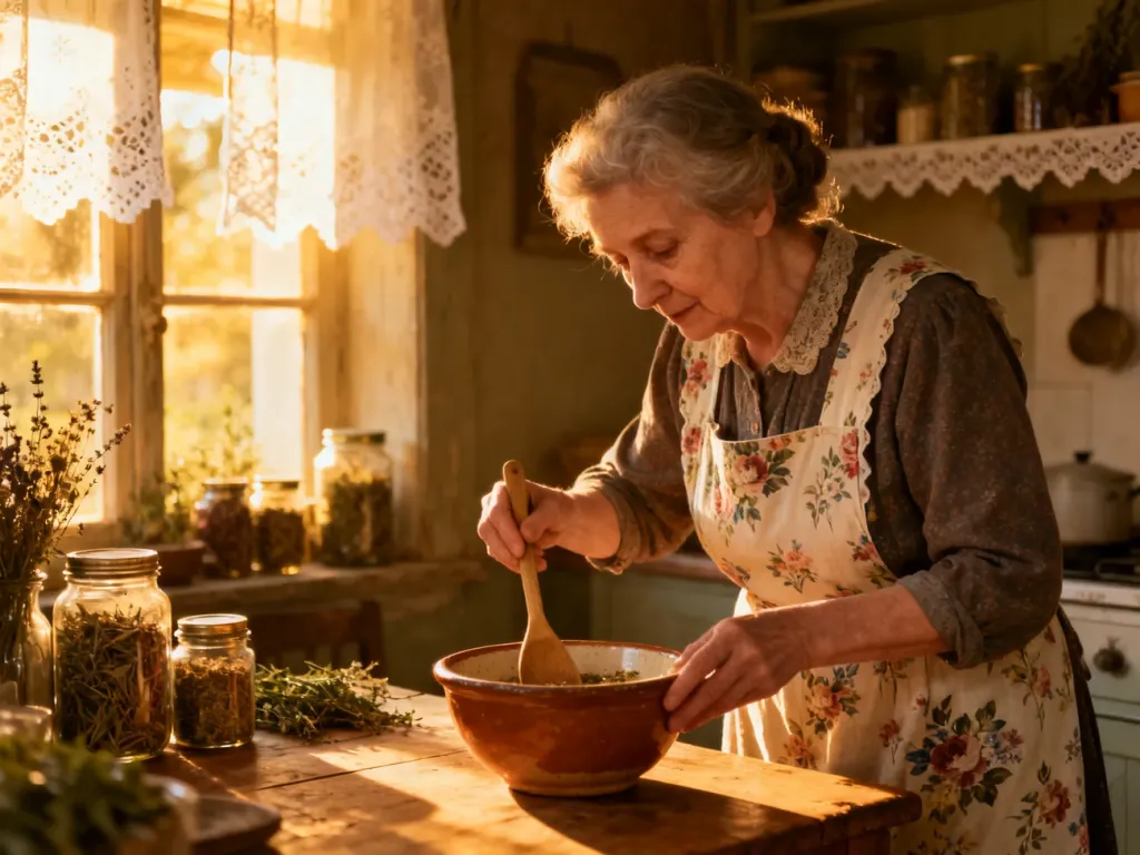 Babcia w kwiecistym fartuchu miesza składniki w ceramicznej misie w przytulnej, słonecznej kuchni w stylu vintage.