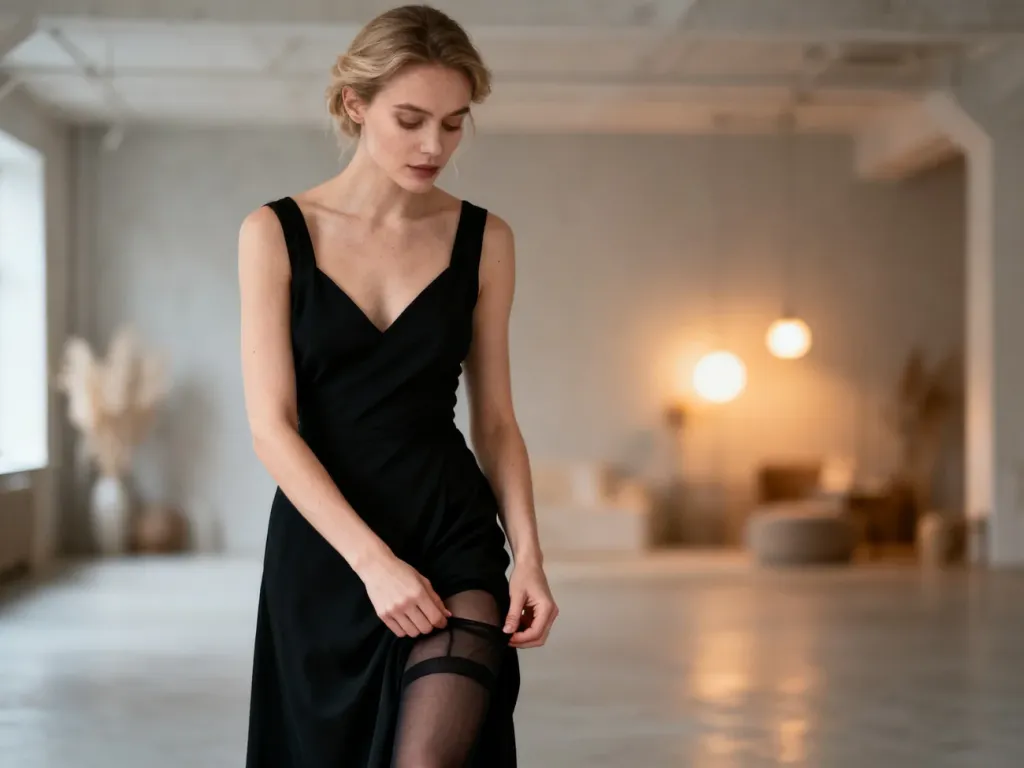 Elegancka kobieta w czarnej sukience prezentuje cienkie, czarne rajstopy w nowoczesnym wnętrzu.