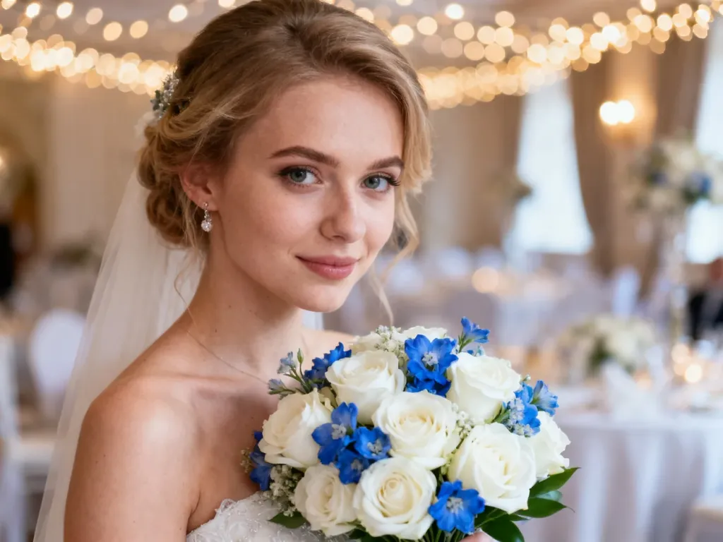 Panna młoda trzymająca bukiet białych róż i niebieskich kwiatów na tle eleganckiej sali weselnej.
