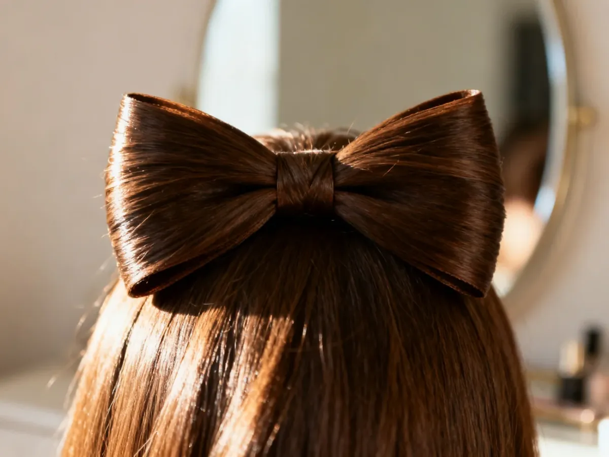 Elegancka kokarda ułożona z brązowych włosów w stylu profesjonalnego upięcia.