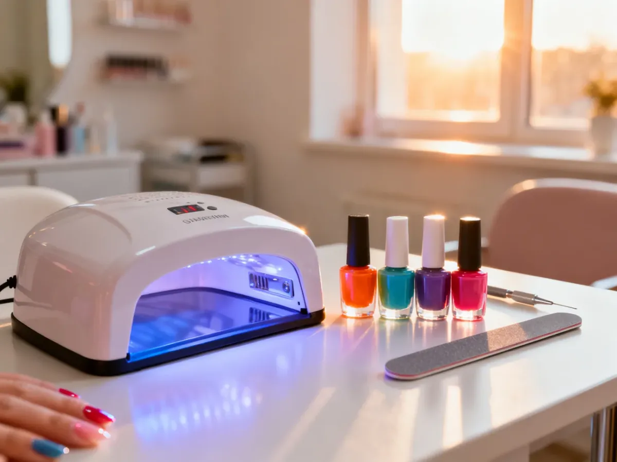 Profesjonalne akcesoria do manicure żelowego, w tym lampa UV, lakiery i przyrządy, przygotowane na estetycznym stole.