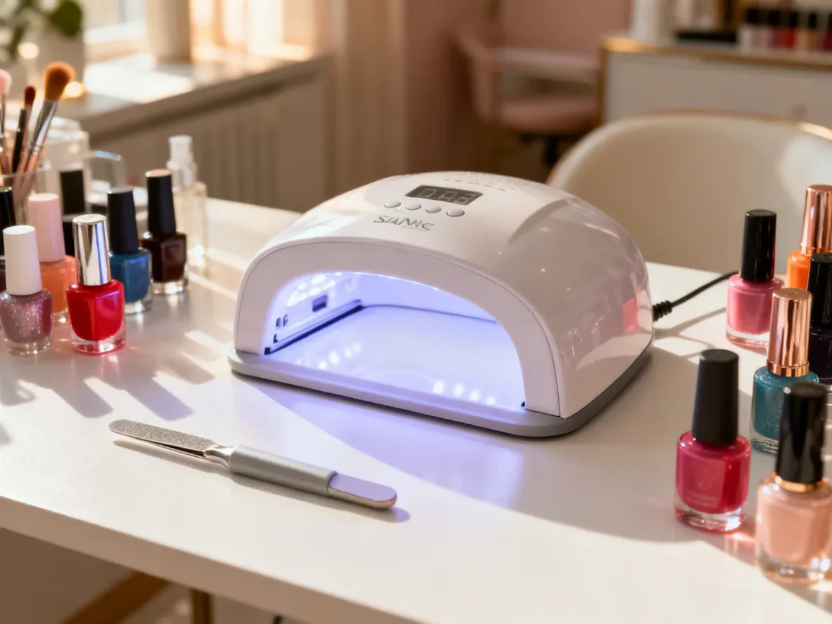 Profesjonalna lampa do paznokci i akcesoria do manicure na biurku w salonie kosmetycznym.
