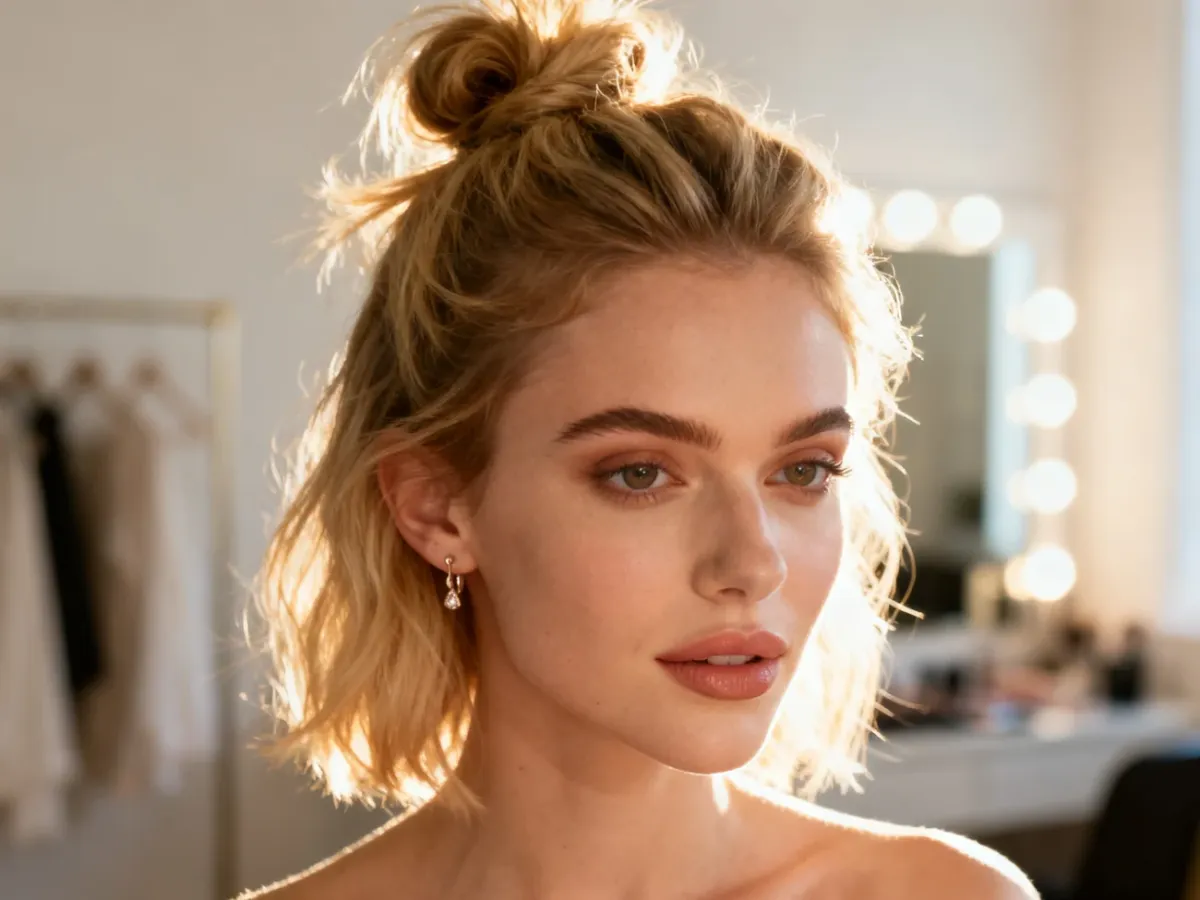 Kobieta w modnym półupięciu z blond włosów w stylu messy bun, prezentująca inspirację na szybką fryzurę na co dzień.