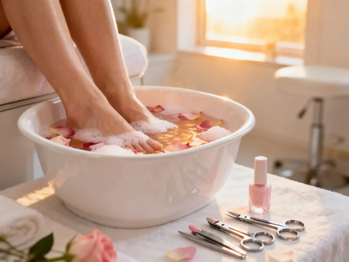 Profesjonalne stanowisko do pedicure z misą z płatkami róż, narzędziami i lakierem w jasnym, nowoczesnym wnętrzu spa.