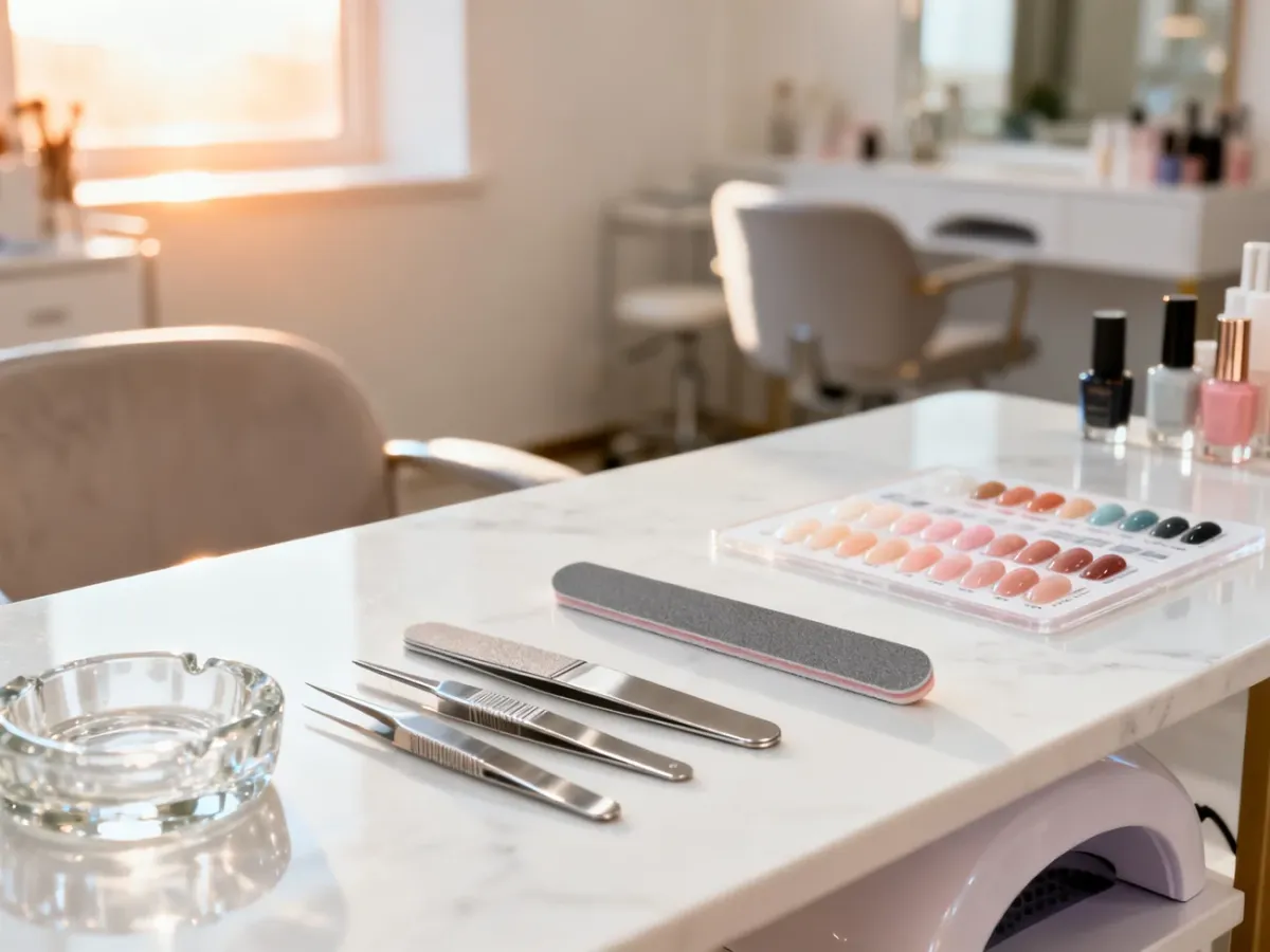 Profesjonalne stanowisko do manicure z pilnikami i lakierami w pastelowych odcieniach na marmurowym blacie.