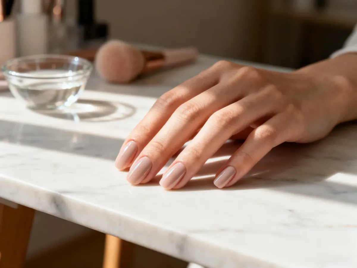 Zadbana dłoń z profesjonalnie wykonanym manicure żelowym w neutralnym odcieniu na marmurowym blacie.